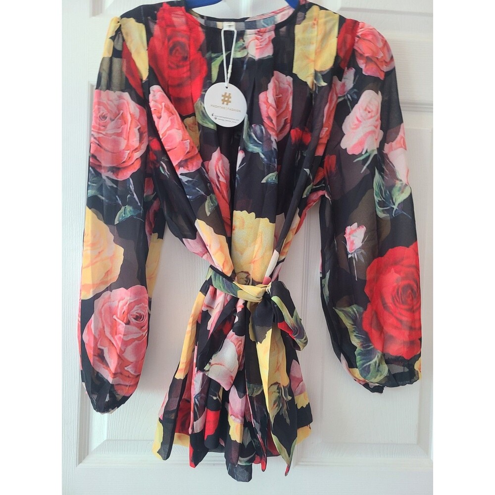 New Fairy Cottagecore Floral Rose Print Flowy Sleeve Sheer Cape Poncho Top M